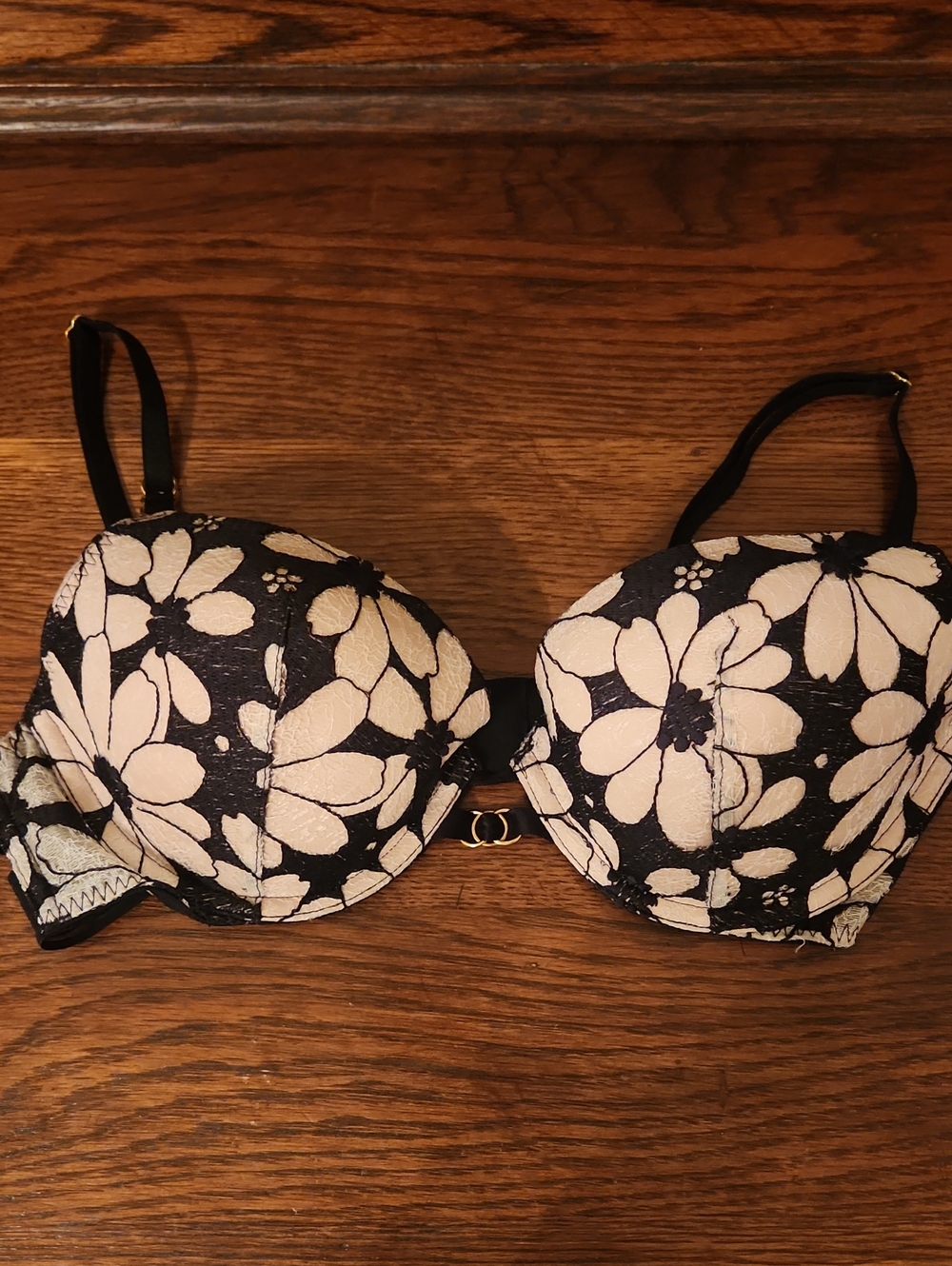 Victoria's Secret Black and Cream Floral Push-Up Bra